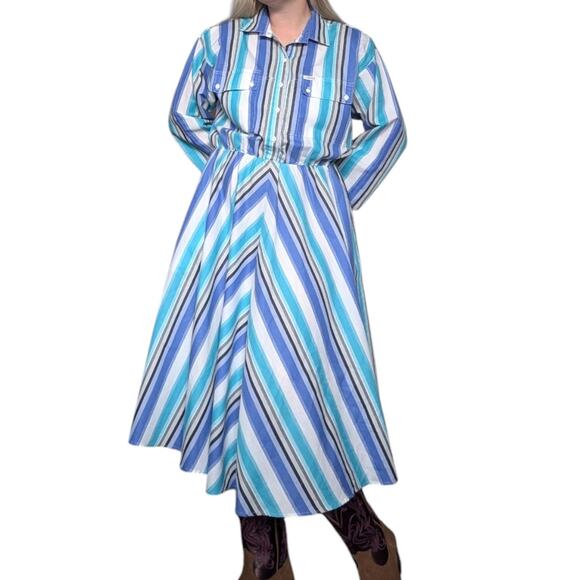Vintage 80s Western Striped Button Down Dress Long Sleeve Collared Cowgirl Blue - Picture 1 of 7